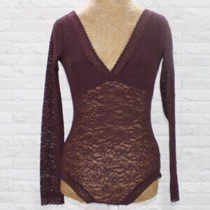 AERIE Bodysuit Lace Sheer Long Sleeve Balletcore Feminine Top Stretch Burgundy M